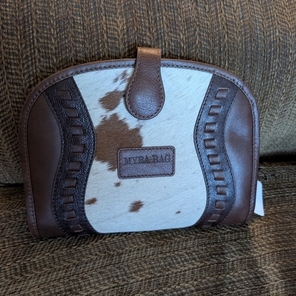 Myra Bag Brown and White Cowhide Leather Cosmetic Pouch